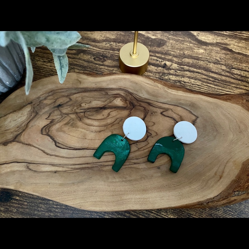 Handmade Clay Earrings - Forest Greens Arch Studs - Picture 2 of 2
